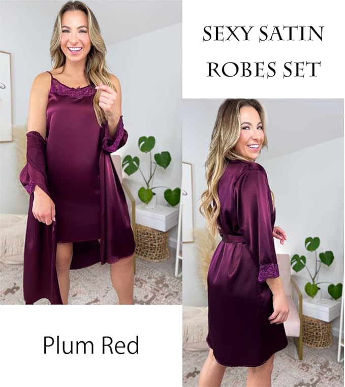 leepwear Women's Satin Nightgown with Robes Set 2 Piece  Lace Cami Nightwear