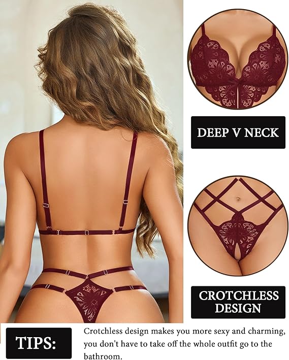 Women Lingeries Deep V Teddy Lingerie  Lace Bodysuit Cut Out One Piece Mini Babydoll (Black)
