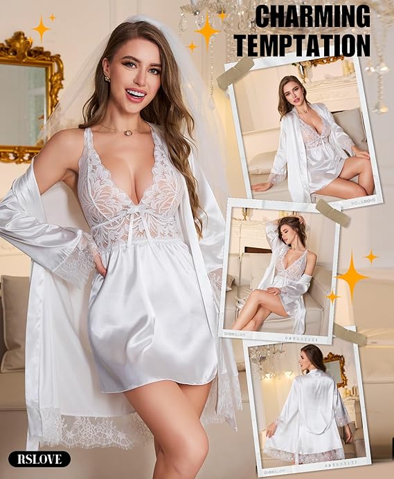 Women’s Satin Lace Lingerie Set – 2-Piece Babydoll Nightgown & Kimono Robe,  Strap Chemise Bride Comfy Sleepwear