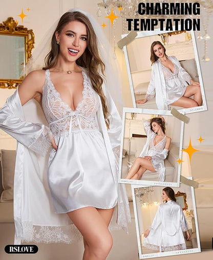 Women’s Satin Lace Lingerie Set – 2-Piece Babydoll Nightgown & Kimono Robe,  Strap Chemise Bride Comfy Sleepwear