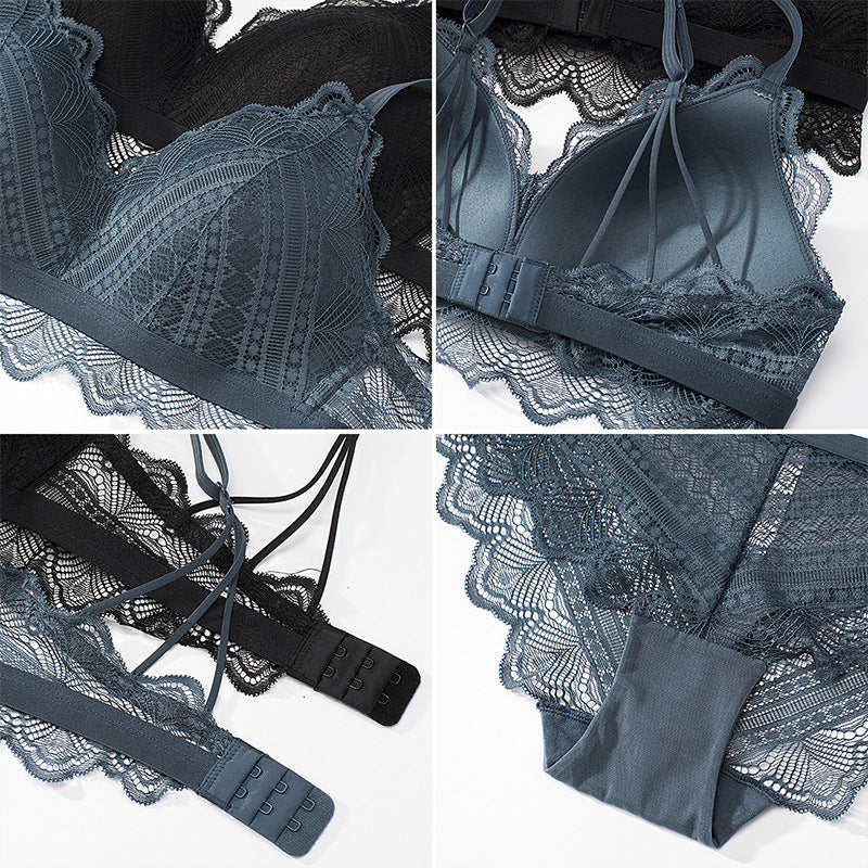 for Women Blue Padded Bra Sets Wireless Lace Trim Cotton Panties Underwear Sexy Lingerie Set Underwear Japanese A B