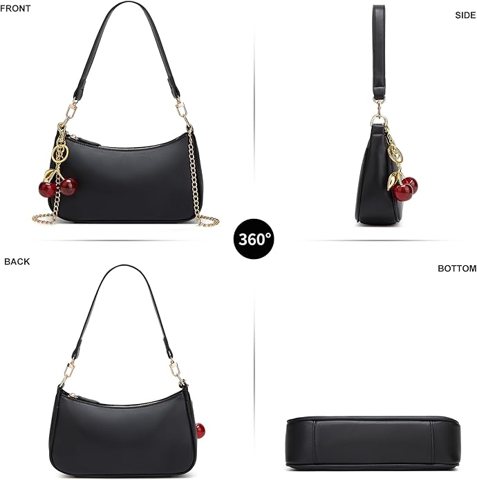 Black Shoulder Bag for Women Cute Hobo Cherry Purse Retro Clutch Underarm Handbag with Removable Straps