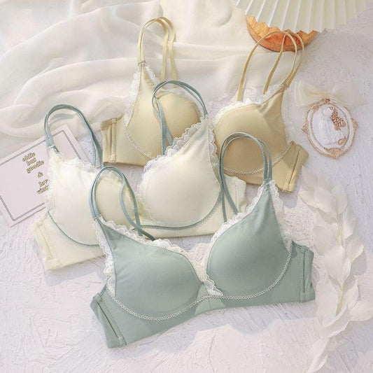 For Women Green Yellow Lace Bras Bralette Cotton Panties Bra Sets Trim Sexy Lingerie Sets Wireless Underwear A B