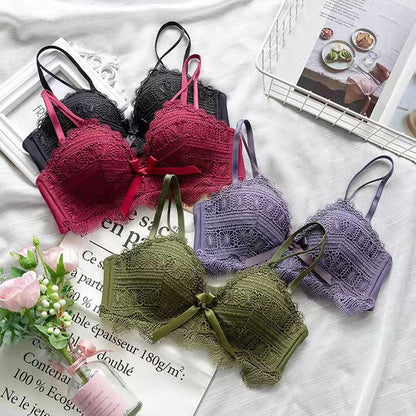 Fashion Women Blue Red Sexy Lingerie Bow Bralette Cotton Panties Cross Straps Push Up Wireless Bra Sets Underwear