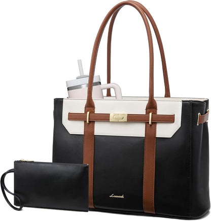 Tote Bag for Women, 2-in-1 Work Teacher Bags with Large Cup Holder, 15.6 Inch Waterproof Leather Computer Handbag Purse for Office, Business, College