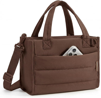 Mini Tote Bag for Women, Puffer Quilted Crossbody Purses, Zipper Closure for Work Travel College, Coffee  6L Mini tote