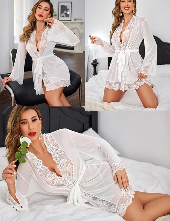 Women Lace Kimono Robe Babydoll  Lingerie Mesh Chemise Nightgown Cover Up
