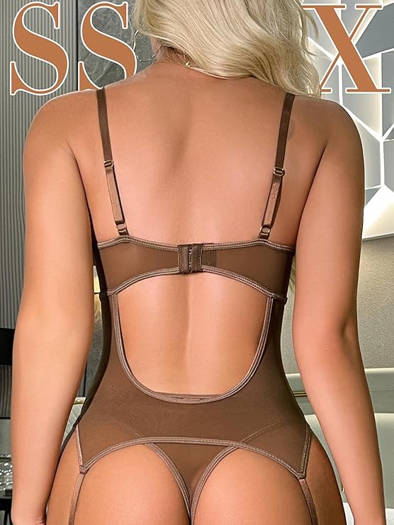 Women's  Lingerie Set with Belt Lace Bodysuit Teddy Baby Dolls Panty with Stockings