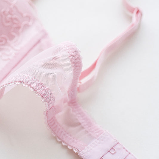 New For Women Pink Sexy Lingerie Lace Embroidery Half Cup Bralette Cotton Panties Wireless Bra Sets Underwear