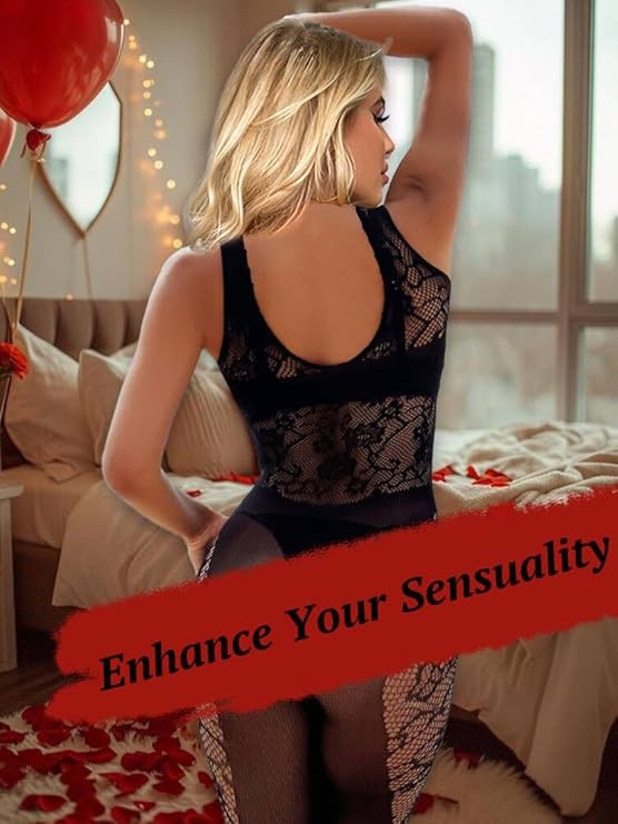 Womens Fishnet Bodystocking Plus Size Crotchless Bodysuit  Tights Soft Nightwear Lingerie (Black)