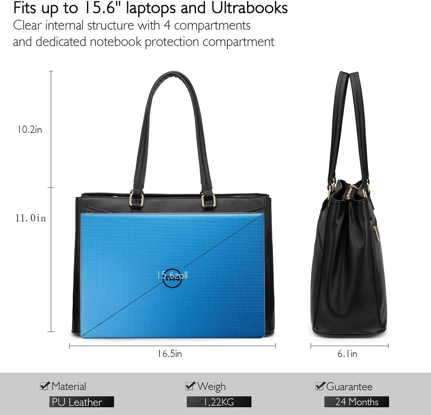 Laptop Tote Bag for Women 15.6 Inch Waterproof Leather Computer Bags Business Office Work Briefcase Black