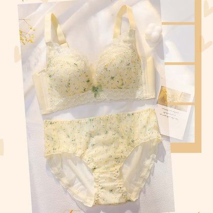 For Women Pink Blue Lingerie Lace Padded Bralette Bow Soft Trim Panties Invisible Wireless Bra Sets Underwear