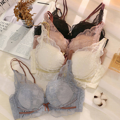 Fashion Women Pink Skin Sexy Lingerie Lace Bralette Invisible Cotton Panties Padded Wireless Bra Sets Lingerie A B