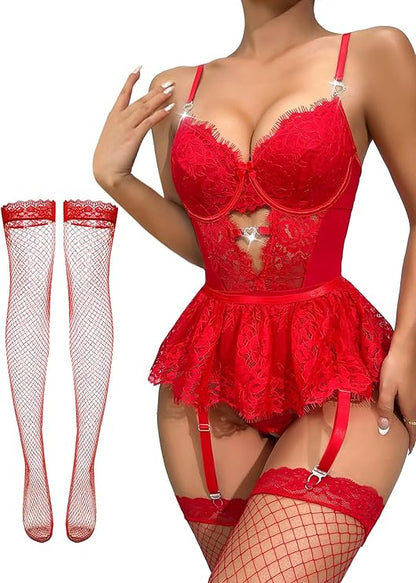 Stocking Rhinestones Heart Garter Underwire Floral Mesh lace Sheer Babydoll Lingerie Teddy Bodysuit Skirt Set
