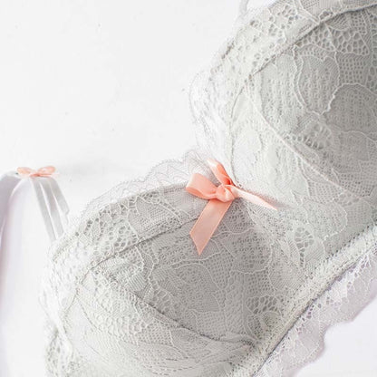Women Purple Lingerie Lace Ruffle Straps Bralette Bow Soft Trim Padded Panties Push Up Wireless A B Bra Sets