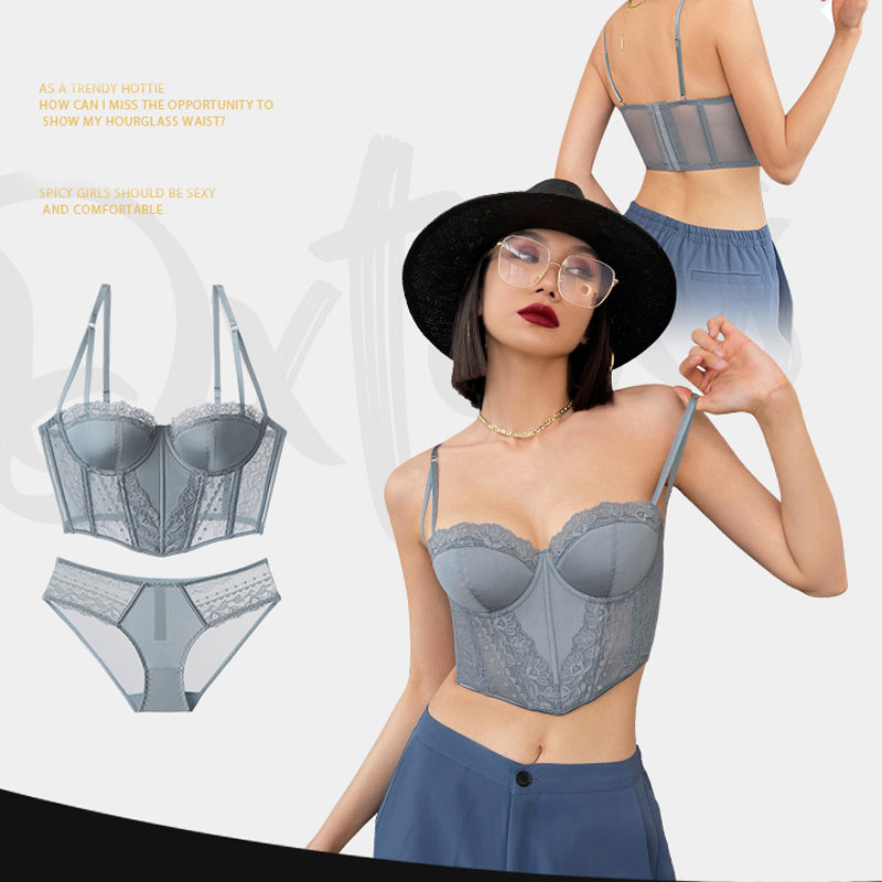 Women Lingerie Sexy Top Push Up Bra Set Lace Embroidery French Thin Cup Fish Bone Widen Body Shaper Underwear and Panties Set