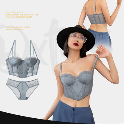 Women Lingerie Sexy Top Push Up Bra Set Lace Embroidery French Thin Cup Fish Bone Widen Body Shaper Underwear and Panties Set