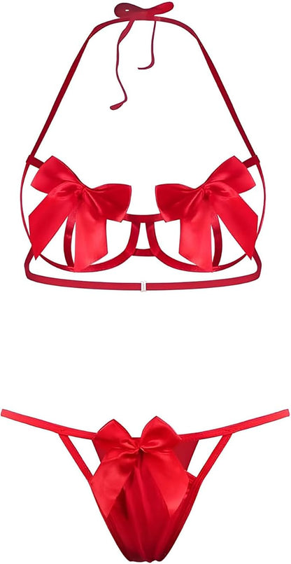 Womens Exotic Lingerie Sets, Bow Tie Hot Cute Teddy 2 Piece Lingerie Set