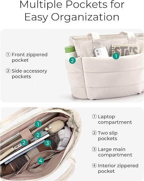 Tote Bag for Women, Lightweight Puffy Tote Bag with Compartments Shoulder Bag Handbag for Travel, Work, Gym  Lightweight
