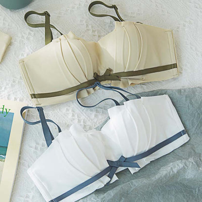 Fashion Women Yellow Sexy Lingerie Lace Bow Bralette Invisible Cotton Panties Padded Wireless Bra Sets Lingerie A B