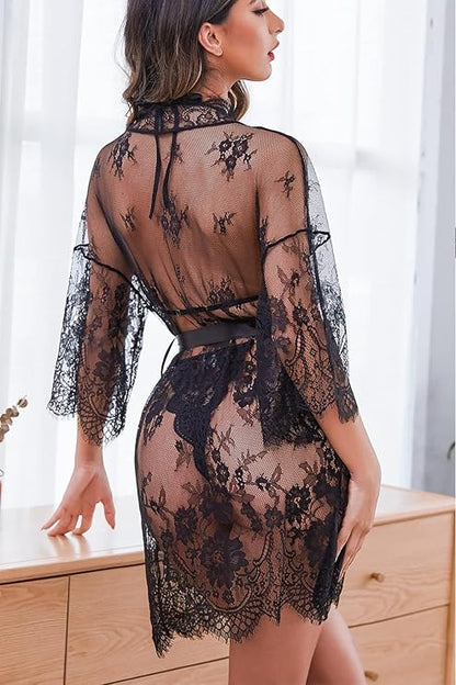 Women  Lingerie Set 2 Piece Lace Kimono Robe with Lace Teddy Lingerie Bodysuit