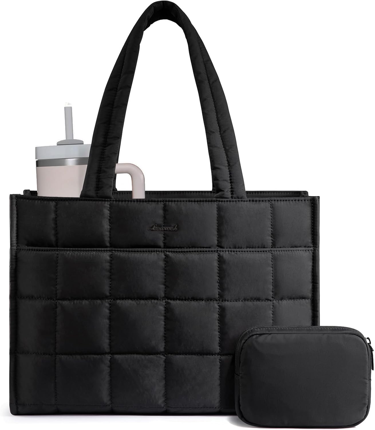 Tote Bag for Women, Puffer Work Handbag 15.6 Inch Laptop Purse for Nurse Teacher, Large Quilted Travel Tote Shoulder Bag with Zipper for College Office Clinical Gym, Black