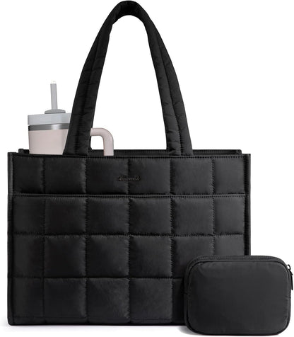 Tote Bag for Women, Puffer Work Handbag 15.6 Inch Laptop Purse for Nurse Teacher, Large Quilted Travel Tote Shoulder Bag with Zipper for College Office Clinical Gym, Black