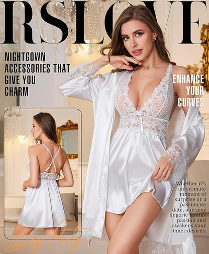 Women’s Satin Lace Lingerie Set – 2-Piece Babydoll Nightgown & Kimono Robe,  Strap Chemise Bride Comfy Sleepwear