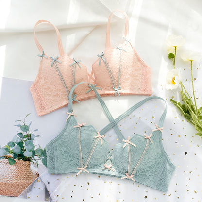 Women Green Padded Lace Trim Wireless Bow Bras Cotton Panties Push Up Bra Set Sexy Lingerie Set Underwear
