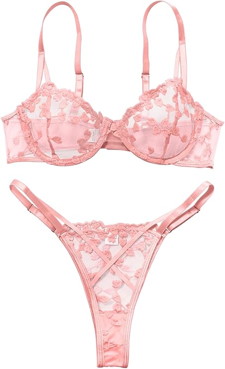 Underwire Cute Push Up Strappy Embroidered Mesh Sheer Lingerie Set See Through Panty Bra