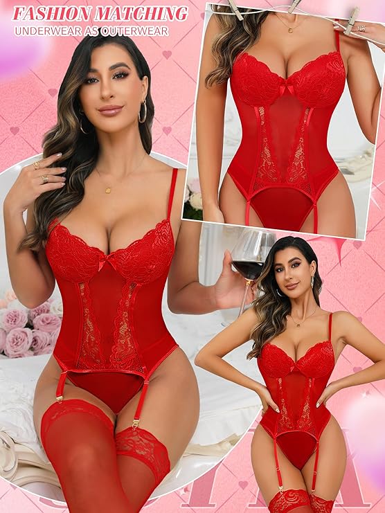 Women's  Lingerie Set with  Belt Lace Bodysuit Teddy Baby Dolls Panty with Stockings