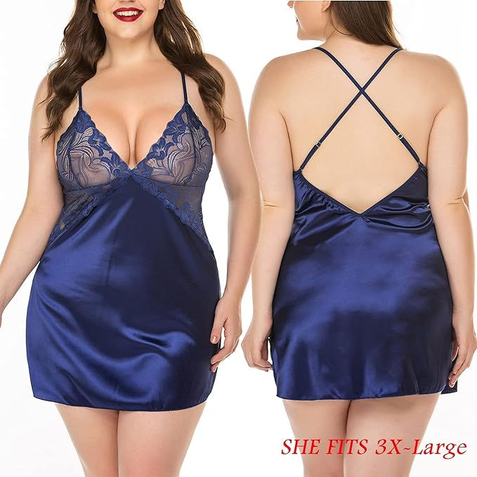 Women Lingerie V Neck  Nightwear Satin Sleepwear Lace Chemise Mini Babydoll Nightgown