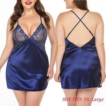 Women Lingerie V Neck  Nightwear Satin Sleepwear Lace Chemise Mini Babydoll Nightgown
