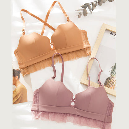 New Fashion Women Pink Green Sexy Lingerie Sets Lace Cross Back Cotton Panties Padded Wireless Bra Sets A B