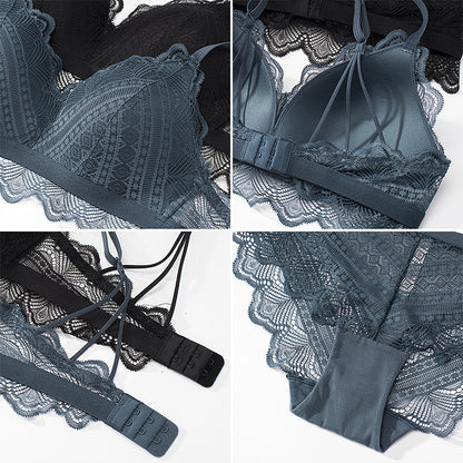 for Women Blue Padded Bra Sets Wireless Lace Trim Cotton Panties Underwear Sexy Lingerie Set Underwear Japanese A B