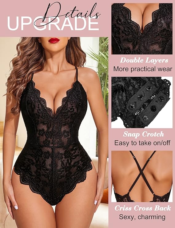 Women One Piece Lingerie Deep V Teddy  Lace Bodysuit Snap Crotch Babydoll