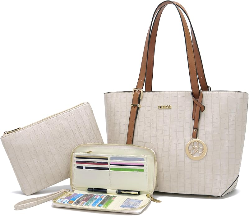 Purses with RFID Wallet for Women Tote Handbag Set  3PCS, Fits 13 Tablet, Sturdy Vegan PU, Spacious, Work Use, Shoulder Satchel, Large Clutch Wallet, Makeup Bag, Ideal Gift