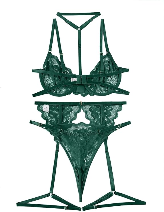 Choker Floral Lace Scallop Sheer Underwire Push Up Belt Lingerie Set 3 Piece