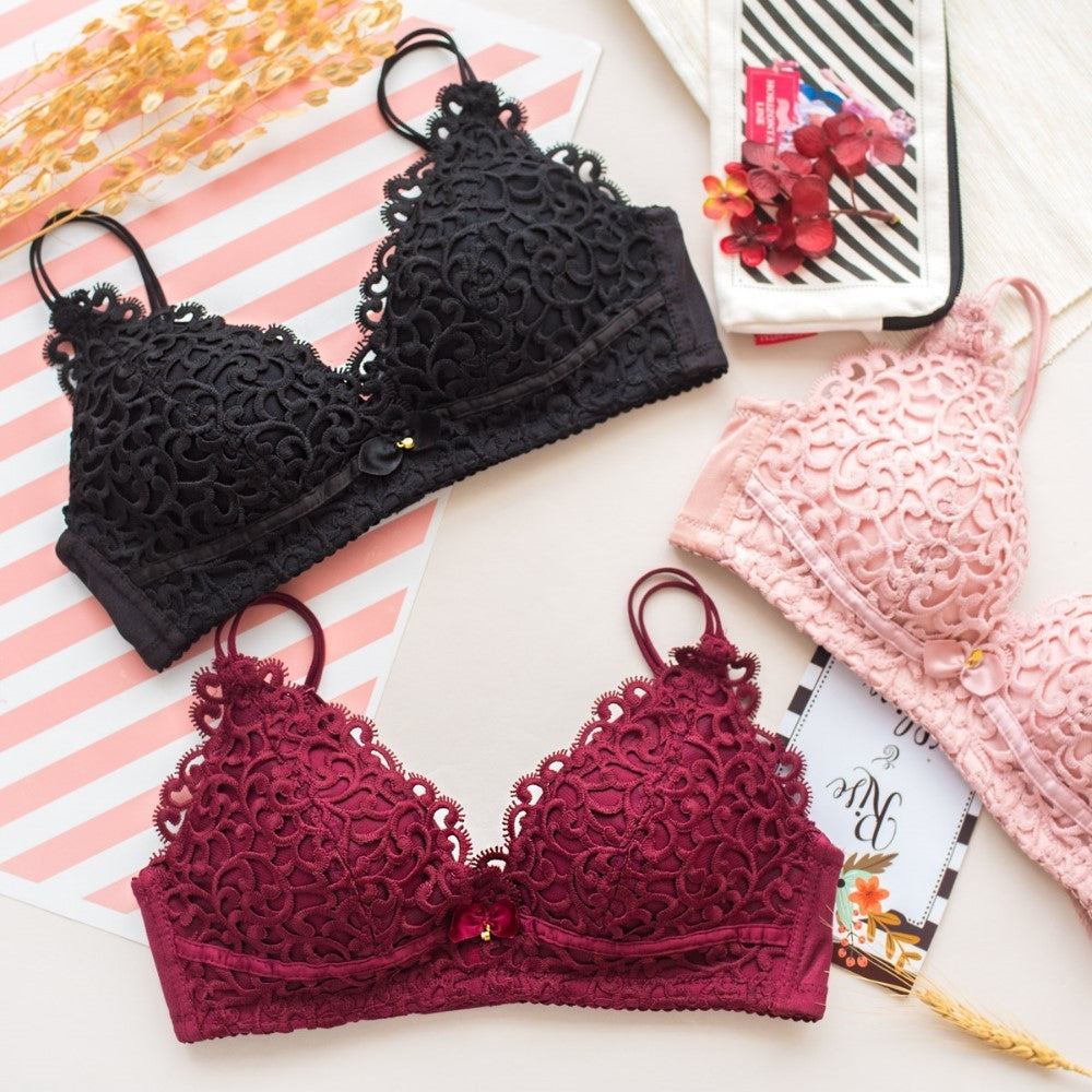 New for Women Pink Red Sexy Lingerie Lace Jacquard Wireless Underwear Bow Cotton Panties Lovely Bra Sets Lingerie A B