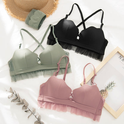 New Fashion Women Pink Green Sexy Lingerie Sets Lace Cross Back Cotton Panties Padded Wireless Bra Sets A B