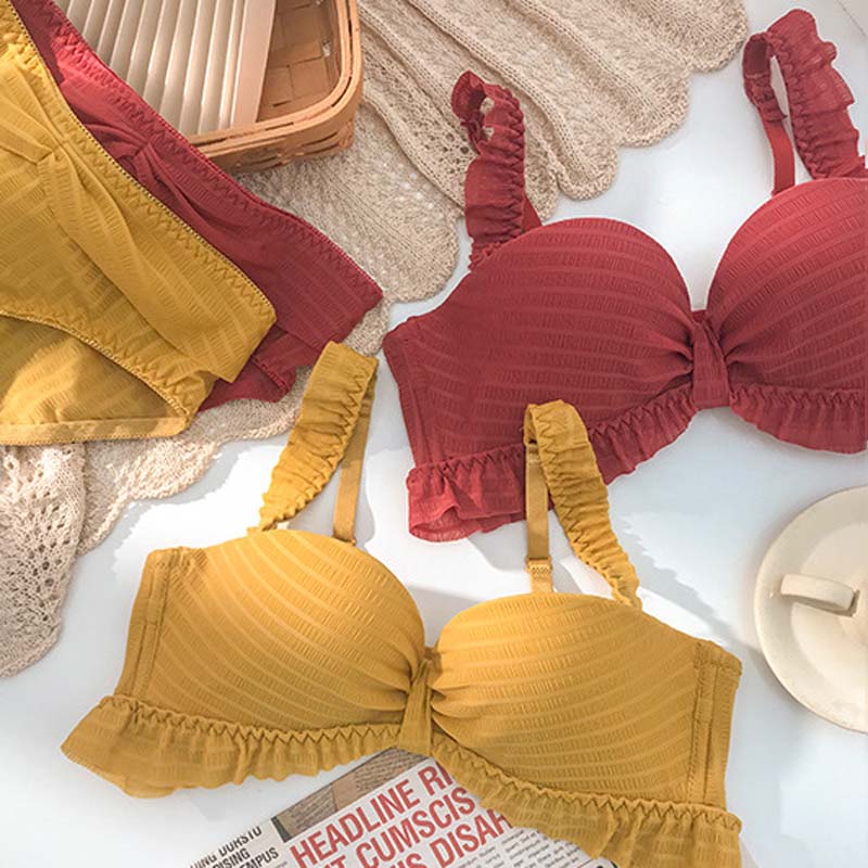 Women Red Yellow Lace Trim Half Cup Padded Bras Bralette Panties Push Up Sexy Lingerie Sets Underwear A B