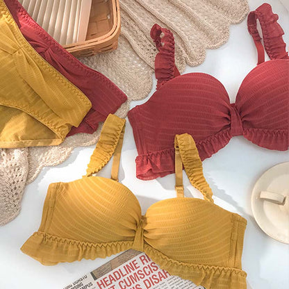 Women Red Yellow Lace Trim Half Cup Padded Bras Bralette Panties Push Up Sexy Lingerie Sets Underwear A B