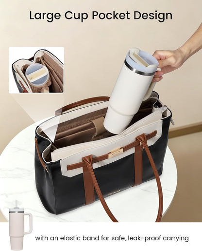 Tote Bag for Women, 2-in-1 Work Teacher Bags with Large Cup Holder, 15.6 Inch Waterproof Leather Computer Handbag Purse for Office, Business