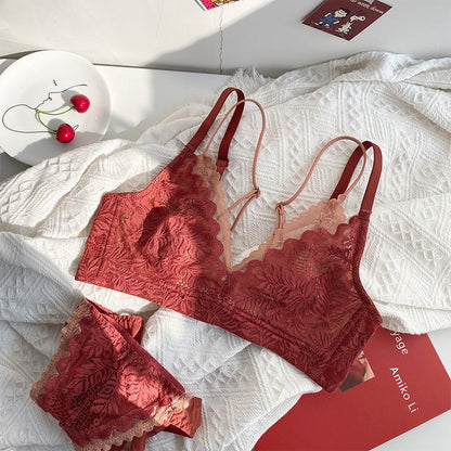 Women Red Green Sexy Lingerie Lace Wireless Panties Padded Bras Push Up Bra Sets Underwear Cup A B