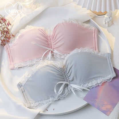Fashion Women Gray Pink Sexy Lingerie Bow Bralette Cotton Panties Cross Straps Push Up Wireless Bra Sets Underwear