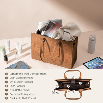Tote Bag for Women,15.6 Inch Vintage Laptop Bag with Clutch Purse, Large Capacity Leather Work Bag, Computer Bag Office Business Briefcase, Casual Handbag for Travel College Teacher