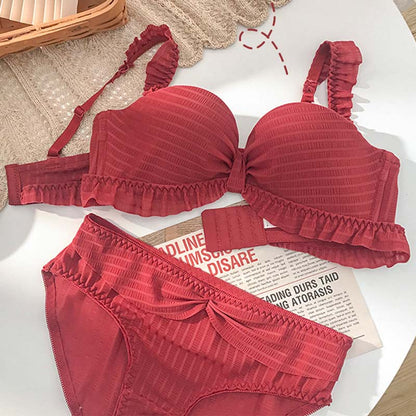 Women Red Yellow Lace Trim Half Cup Padded Bras Bralette Panties Push Up Sexy Lingerie Sets Underwear A B