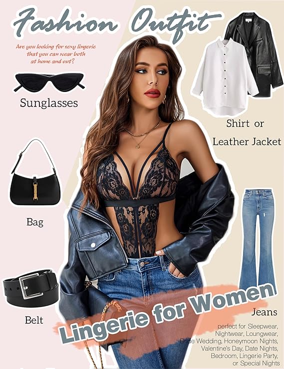 Women One Piece Lingerie Deep V Lace Bodysuit Babydoll Teddy Underwear