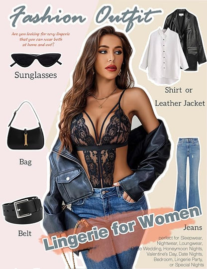Women One Piece Lingerie Deep V Lace Bodysuit Babydoll Teddy Underwear