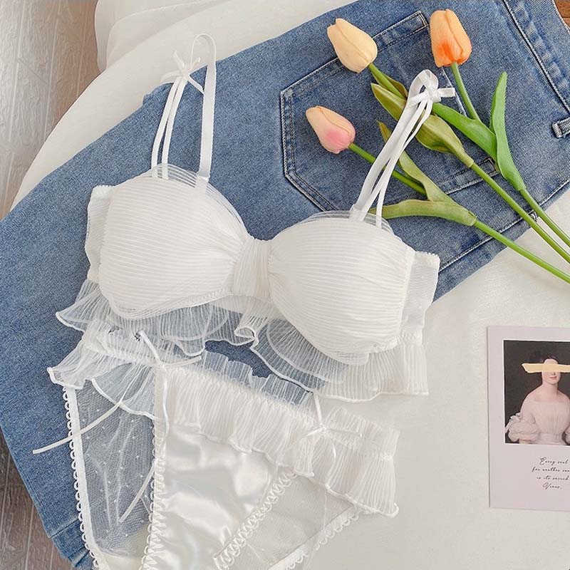 for Women Pink Padded Bra Sets Wireless Lace Trim Cotton Panties Underwear Underwear Japanese A B Sexy Lingerie Set